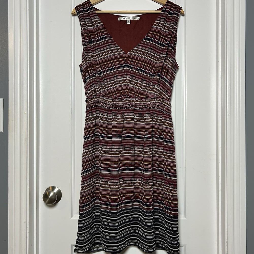 Max Studio Burgundy Multicolor Stripe V-Neck Elastic Waist Sleeveless Midi Dress